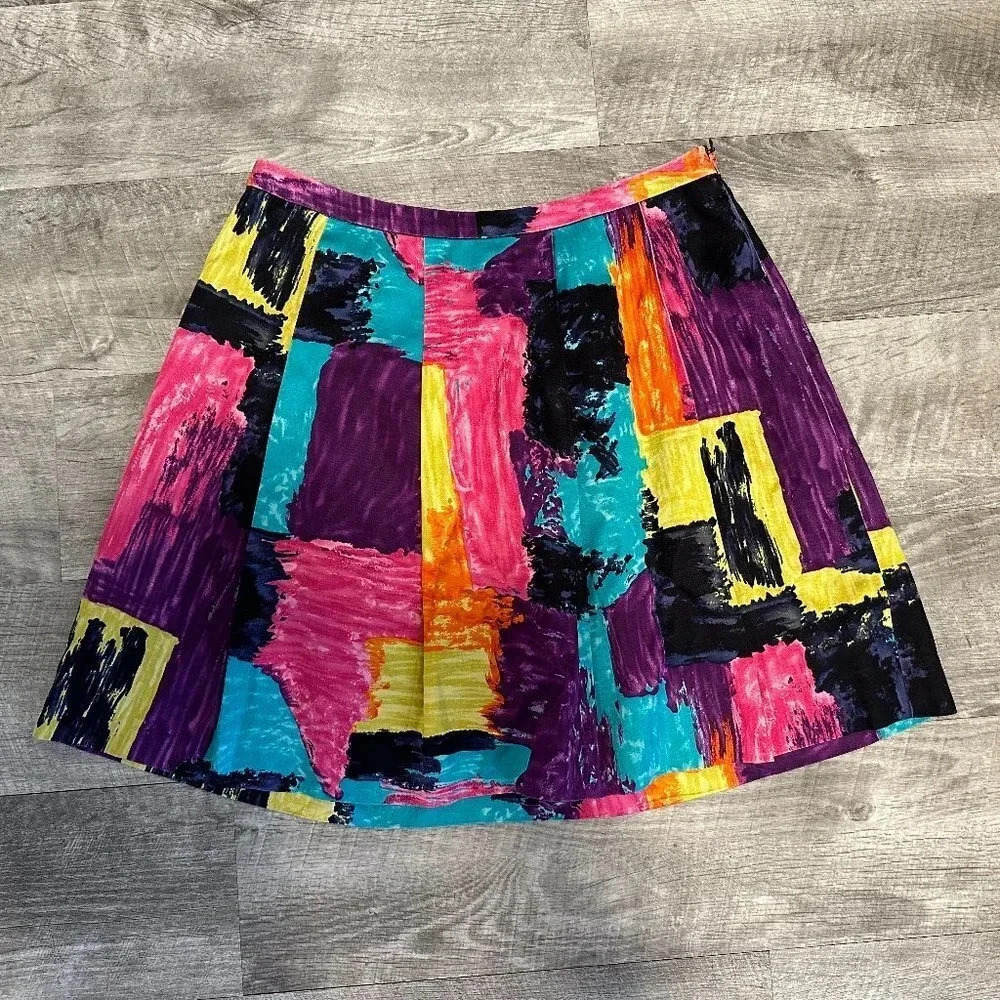 Trina Turk Skirt Silk Blend Colorful Paint Print Pleated Size 2